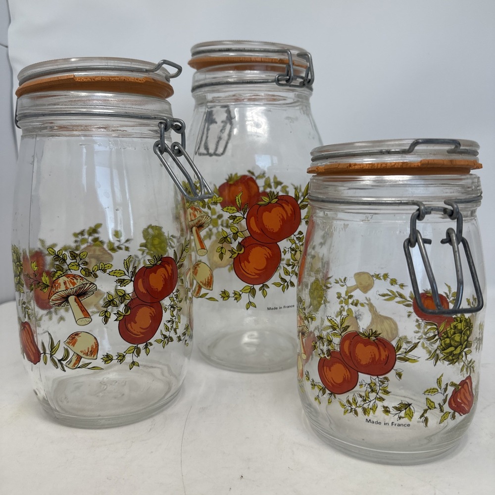 Set Of 3 Vintage Glass Spice Of Life Canisters Arcoroc France 1L, 1.5L & 2L